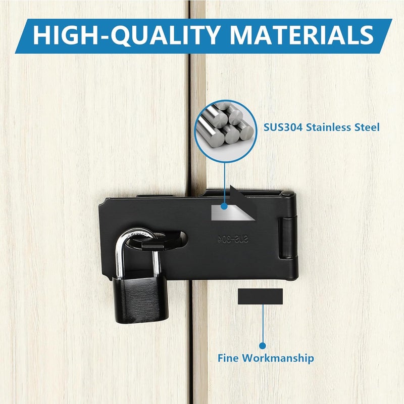 Mooche Door Lock Hasp Latch, Thicked SUS304 Stainless Steel Security Packlock Clasp Hasp Lock Latch for for Interior Door Front Door Toilet Door Barn Door Fence Door Garage Door Pet Room (Black, 4.13 Inch) - Image 4